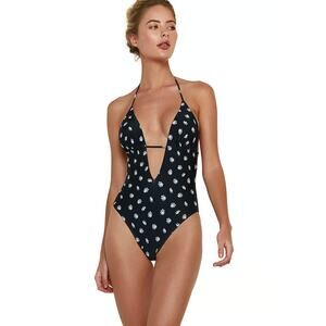 VIX Paula Hermanny Swimsuit Small Black Floral Sally Eliza 1 Piece Halter Plunge